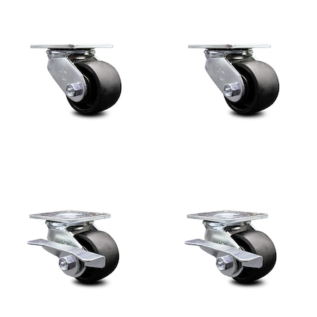 Service Caster 3.25 Inch Glass Filled Nylon Swivel Caster Set with Roller Bearings 2 Brakes SCC SCC-30CS3420-GFNR-2-SLB-2